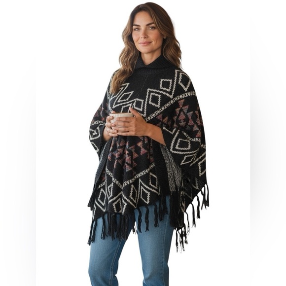 Kamana Sweaters - Kamana Black White Multicolor Aztec Geometric Fringe Poncho OS